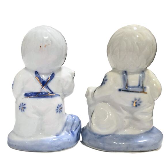 2-Vintage Porcelain Figurines Blue & White Boy w/Dog & Girl w/Cat Collectible - Picture 6 of 9